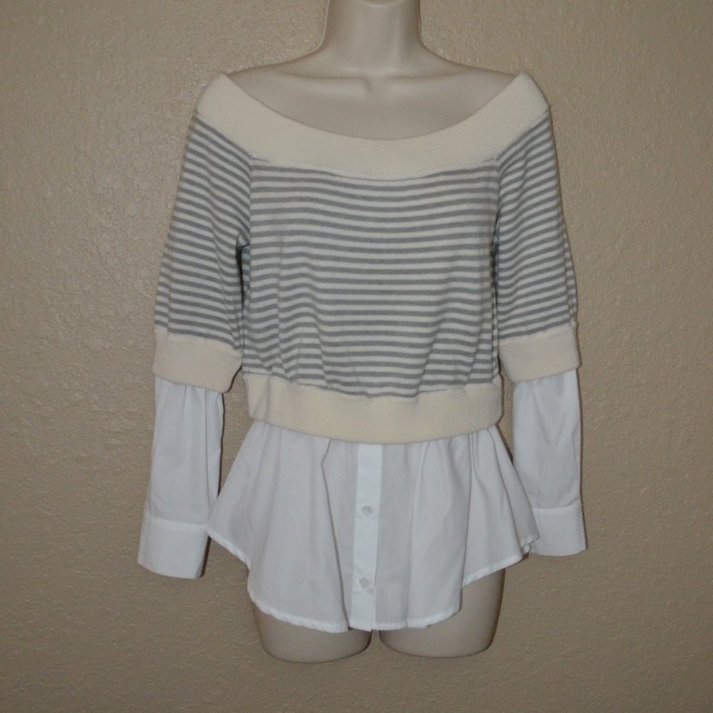 Sz S Jonathan Simkhai Ivory Gray Stripe Off Shoulder Blouse Contrast Sweater